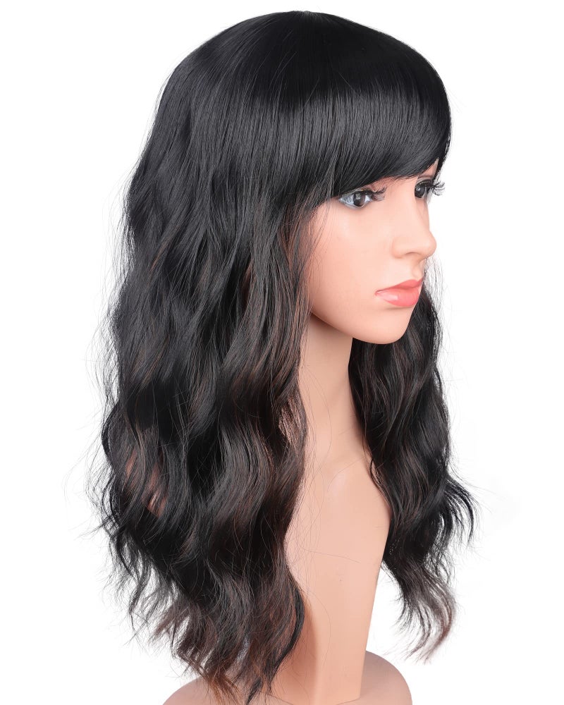 SYMEIW Black Wavy Wig With Brown Highlights For Women - Medium Long Synthetic Wig With Bangs For Daily Use (Black With Brown Highlights) - Image 4